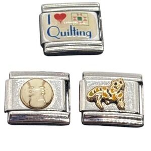 UD Italy Stainless Steel‎ 18k Gold Italy Modular Lot 3 Charms Cat Baseball Quilt